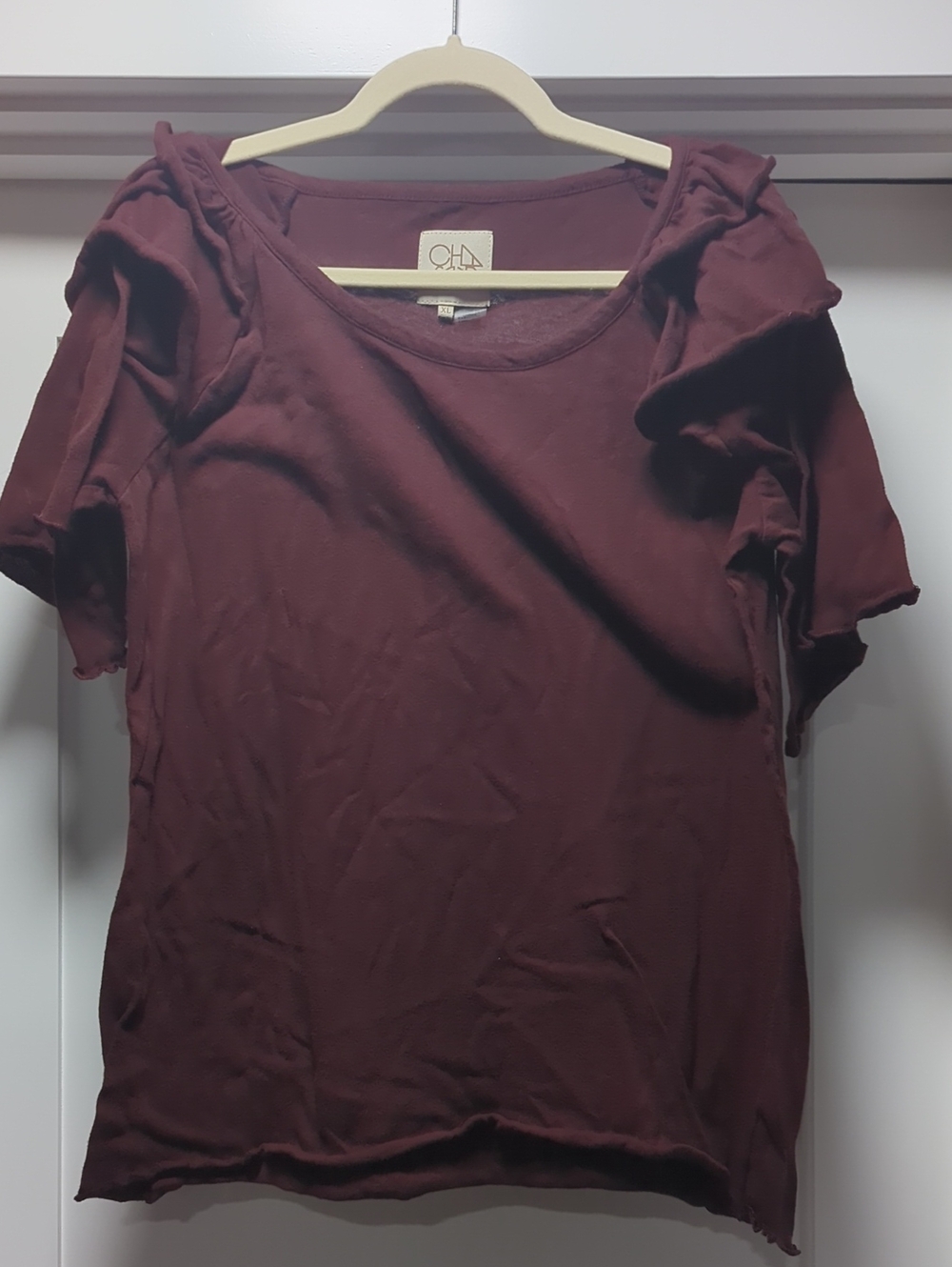 Chaser Maroon Short Sleeve Ruffle Tee